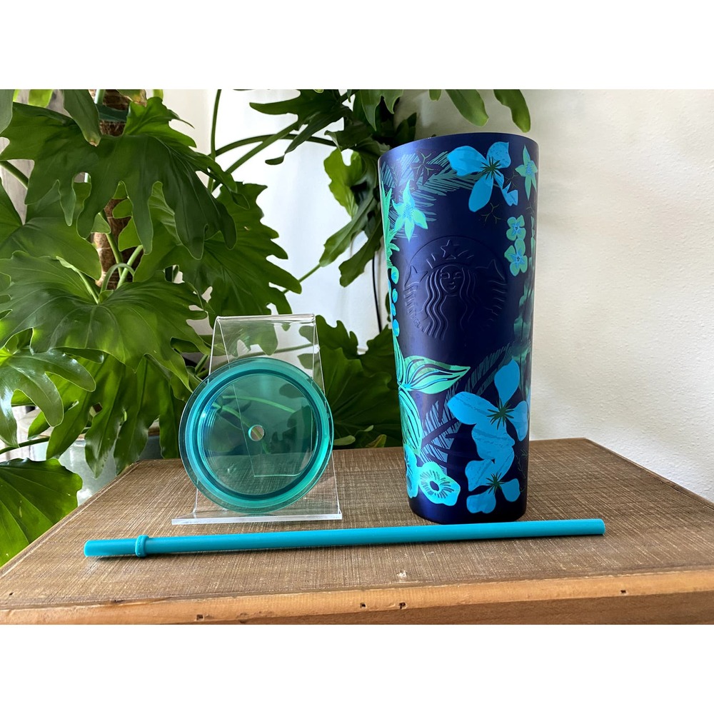 EUC Starbucks Green/Blue Floral 24oz Stainless Steel Tumbler